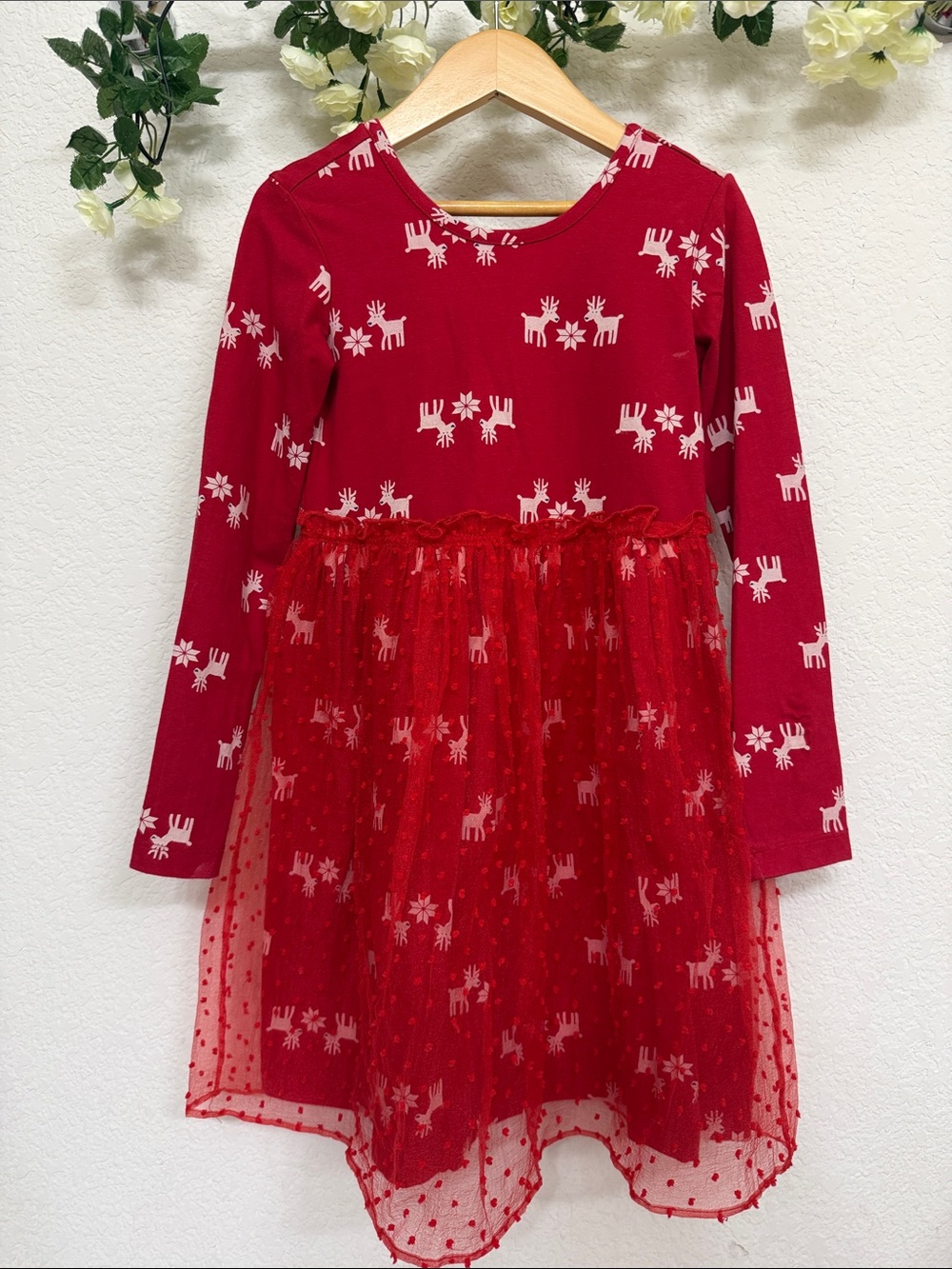 Hanna Andersson • Girls Red Reindeer Tulle Christmas Dress Size 120 6-7